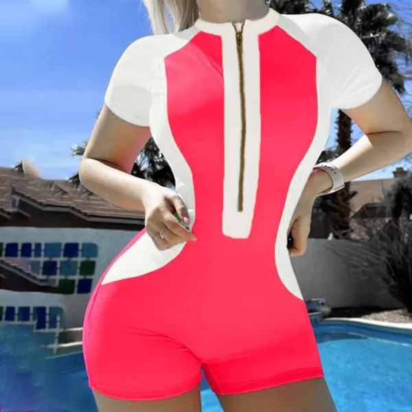 IDOPIP Womens Rash Guard One Piece Bathing Suit Tummy Control Swimsuits Zip Front Monokini Color Block Rash Guard SwimwearDark Pink  White