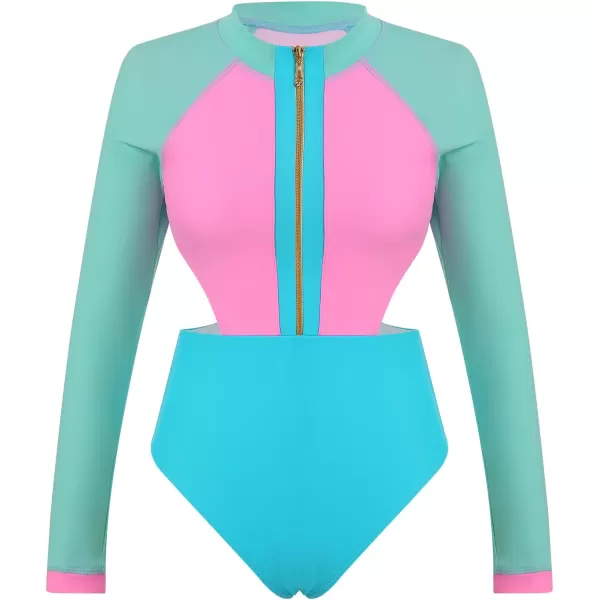 IDOPIP Womens Rash Guard One Piece Bathing Suit Tummy Control Swimsuits Zip Front Monokini Color Block Rash Guard SwimwearPink  Aqua