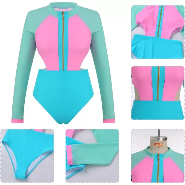 IDOPIP Womens Rash Guard One Piece Bathing Suit Tummy Control Swimsuits Zip Front Monokini Color Block Rash Guard SwimwearPink  Aqua