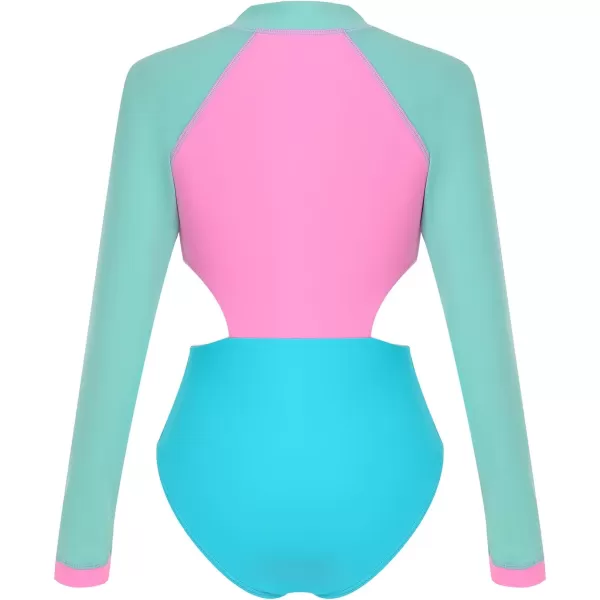 IDOPIP Womens Rash Guard One Piece Bathing Suit Tummy Control Swimsuits Zip Front Monokini Color Block Rash Guard SwimwearPink  Aqua