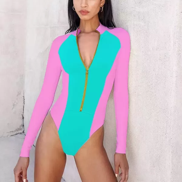 IDOPIP Womens Rash Guard One Piece Bathing Suit Tummy Control Swimsuits Zip Front Monokini Color Block Rash Guard SwimwearPink  Green