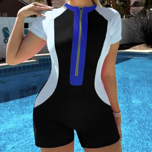 IDOPIP Womens Rash Guard One Piece Bathing Suit Tummy Control Swimsuits Zip Front Monokini Color Block Rash Guard SwimwearWhite  Black