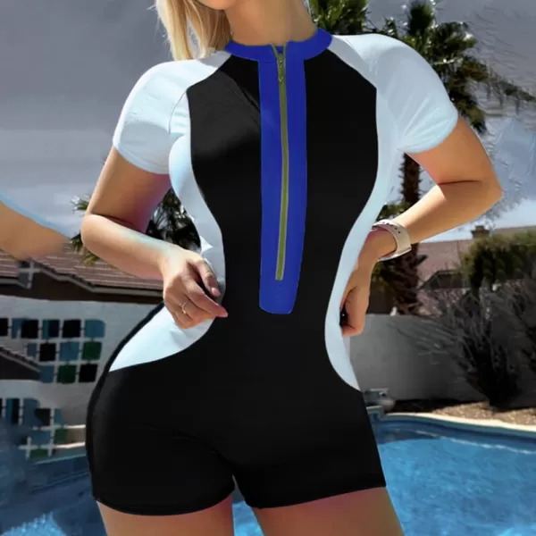 IDOPIP Womens Rash Guard One Piece Bathing Suit Tummy Control Swimsuits Zip Front Monokini Color Block Rash Guard SwimwearWhite  Black