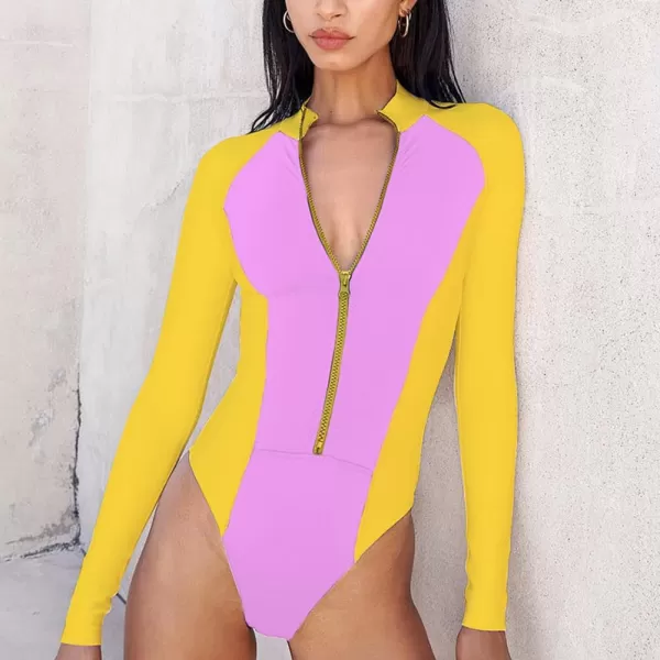 IDOPIP Womens Rash Guard One Piece Bathing Suit Tummy Control Swimsuits Zip Front Monokini Color Block Rash Guard SwimwearYellow  Purplepink