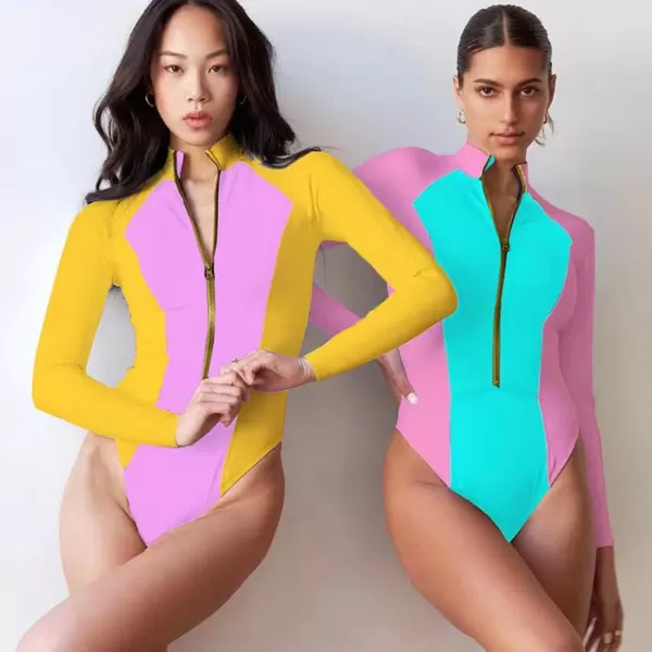 IDOPIP Womens Rash Guard One Piece Bathing Suit Tummy Control Swimsuits Zip Front Monokini Color Block Rash Guard SwimwearYellow  Purplepink