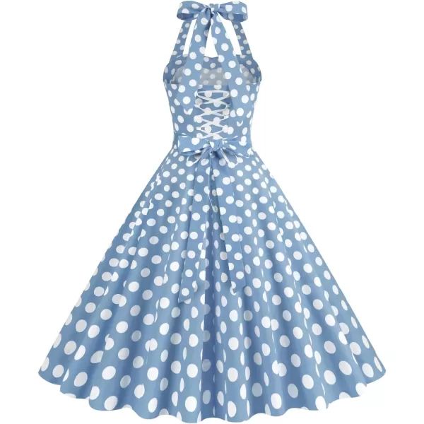 IDOPIP Womens Summer Vintage 1950s Dress Halter Retro Polka Dot Cocktail Party Swing Dresses Wedding Formal Aline Midi GownBlue