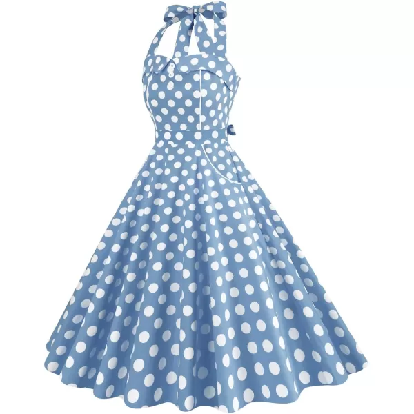 IDOPIP Womens Summer Vintage 1950s Dress Halter Retro Polka Dot Cocktail Party Swing Dresses Wedding Formal Aline Midi GownBlue