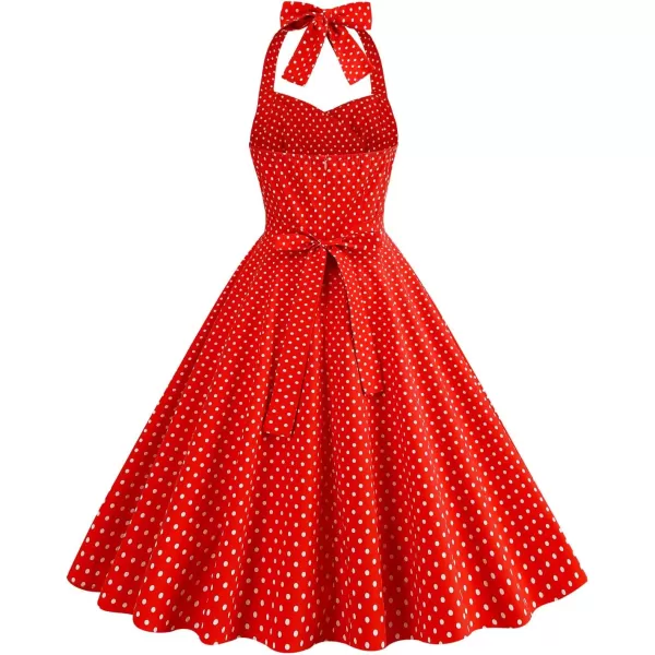 IDOPIP Womens Summer Vintage 1950s Dress Halter Retro Polka Dot Cocktail Party Swing Dresses Wedding Formal Aline Midi GownRed  Wrap Vneck