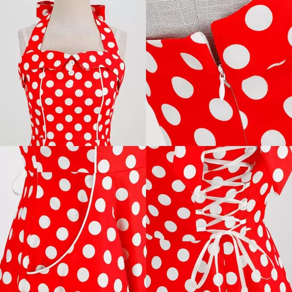 IDOPIP Womens Summer Vintage 1950s Dress Halter Retro Polka Dot Cocktail Party Swing Dresses Wedding Formal Aline Midi GownRed