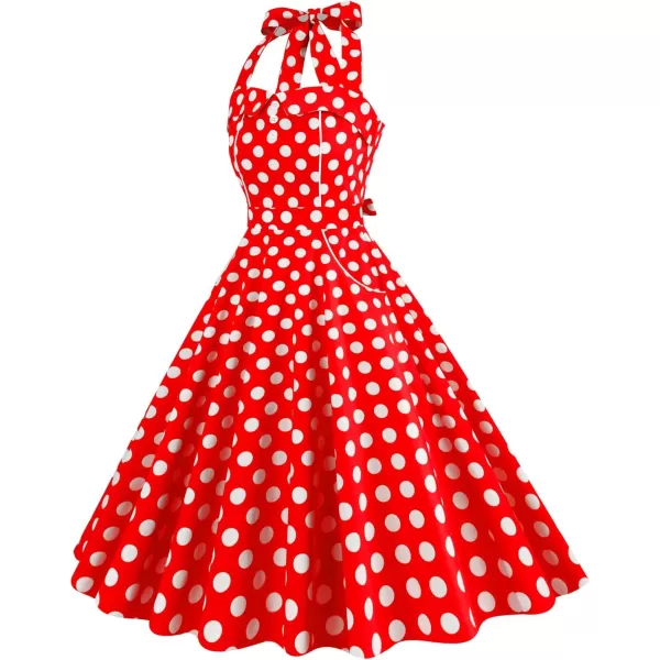 IDOPIP Womens Summer Vintage 1950s Dress Halter Retro Polka Dot Cocktail Party Swing Dresses Wedding Formal Aline Midi GownRed