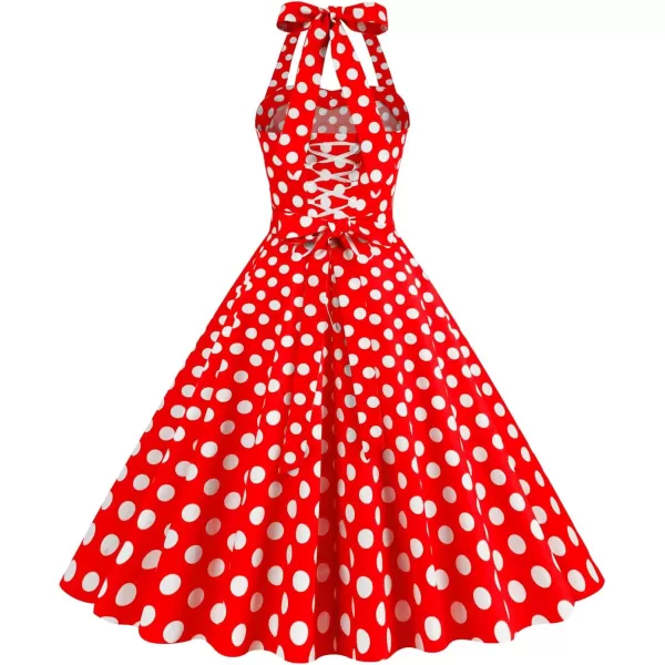 IDOPIP Womens Summer Vintage 1950s Dress Halter Retro Polka Dot Cocktail Party Swing Dresses Wedding Formal Aline Midi GownRed