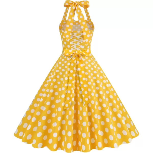 IDOPIP Womens Summer Vintage 1950s Dress Halter Retro Polka Dot Cocktail Party Swing Dresses Wedding Formal Aline Midi GownYellow