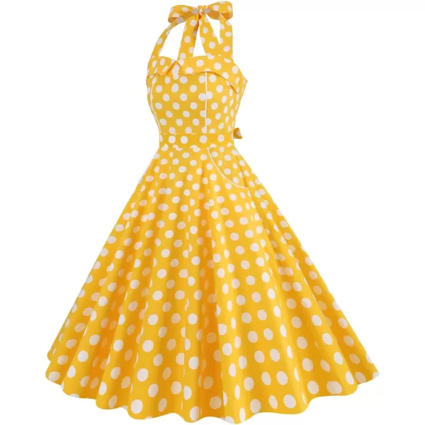 IDOPIP Womens Summer Vintage 1950s Dress Halter Retro Polka Dot Cocktail Party Swing Dresses Wedding Formal Aline Midi GownYellow