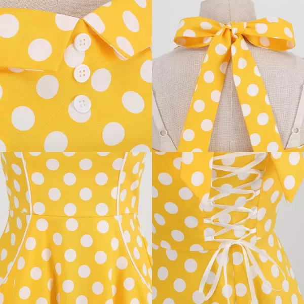 IDOPIP Womens Summer Vintage 1950s Dress Halter Retro Polka Dot Cocktail Party Swing Dresses Wedding Formal Aline Midi GownYellow