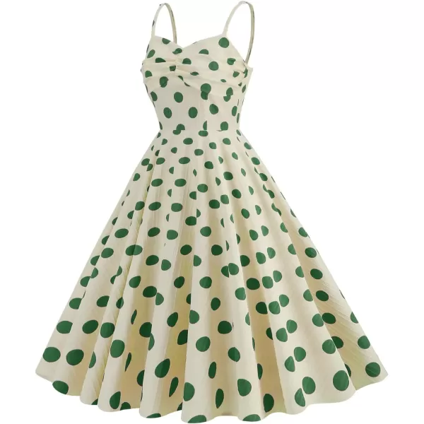 IDOPIP Womens Vintage 1950s Cocktail Party Swing Dress Summer Sleeveless Halter Retro Wedding Formal Aline Midi DressesApricot  Green Dots