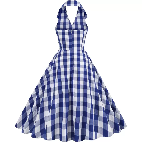 IDOPIP Womens Vintage 1950s Cocktail Party Swing Dress Summer Sleeveless Halter Retro Wedding Formal Aline Midi DressesBlue Plaid  Lapel Collar