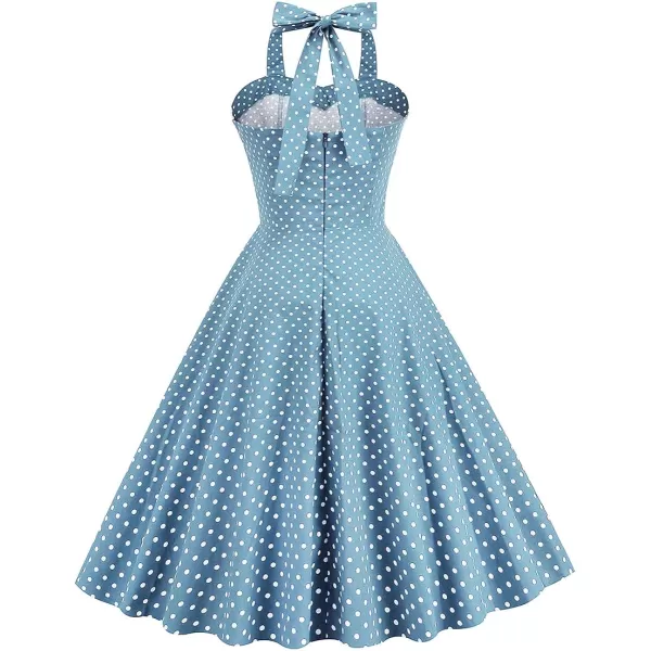 IDOPIP Womens Vintage 1950s Cocktail Party Swing Dress Summer Sleeveless Halter Retro Wedding Formal Aline Midi DressesLight Blue Polka Dot