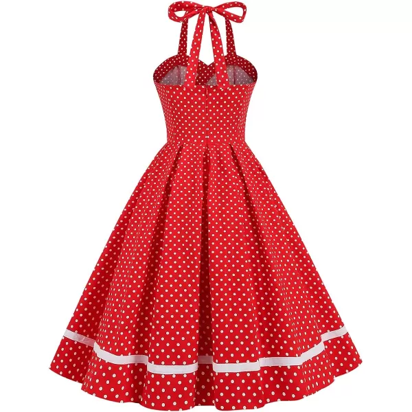 IDOPIP Womens Vintage 1950s Cocktail Party Swing Dress Summer Sleeveless Halter Retro Wedding Formal Aline Midi DressesRed Polka Dot  Sweetheart