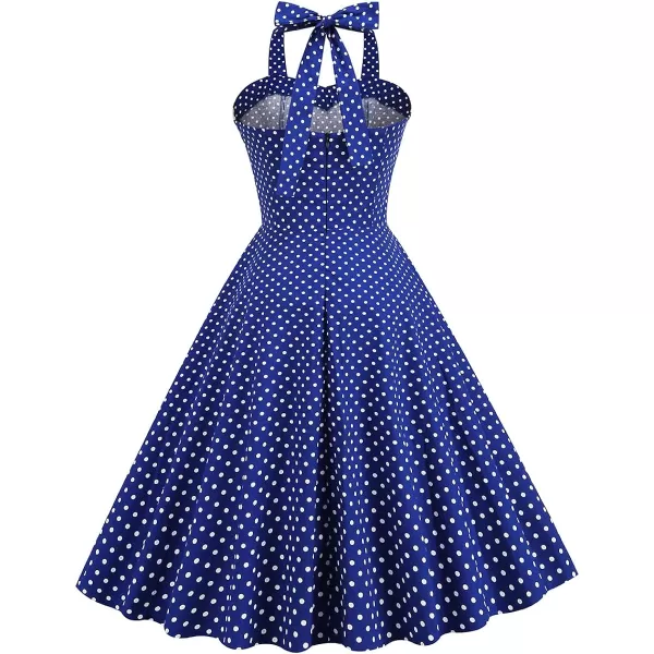 IDOPIP Womens Vintage 1950s Cocktail Party Swing Dress Summer Sleeveless Halter Retro Wedding Formal Aline Midi DressesRoyal Blue Polka Dot