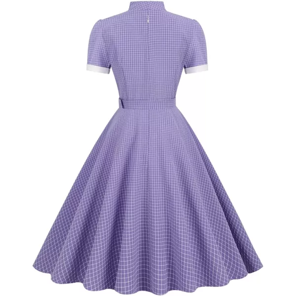 IDOPIP Womens Vintage 1950s Retro Cocktail Party Swing Dresses Summer Short Sleeve VNeck Rockabilly Aline Gown with BeltPurple Plaid