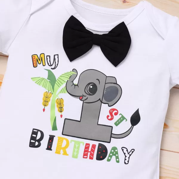 Jungle Theme 1st Birthday Outfit for Baby Boy Safari Animals Romper Suspenders Shorts with Tail Clothes Set for PhotoElephant