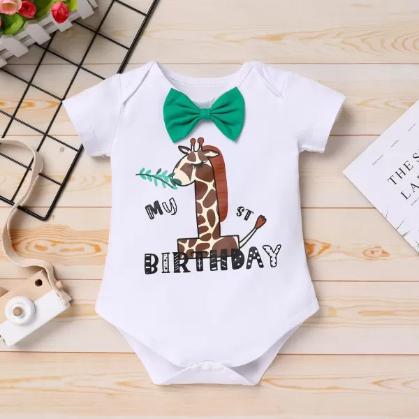 Jungle Theme 1st Birthday Outfit for Baby Boy Safari Animals Romper Suspenders Shorts with Tail Clothes Set for PhotoGiraffe