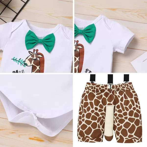 Jungle Theme 1st Birthday Outfit for Baby Boy Safari Animals Romper Suspenders Shorts with Tail Clothes Set for PhotoGiraffe