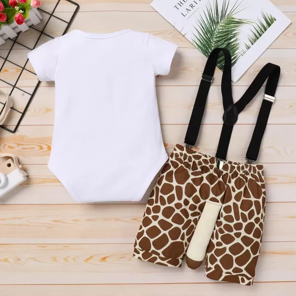 Jungle Theme 1st Birthday Outfit for Baby Boy Safari Animals Romper Suspenders Shorts with Tail Clothes Set for PhotoGiraffe