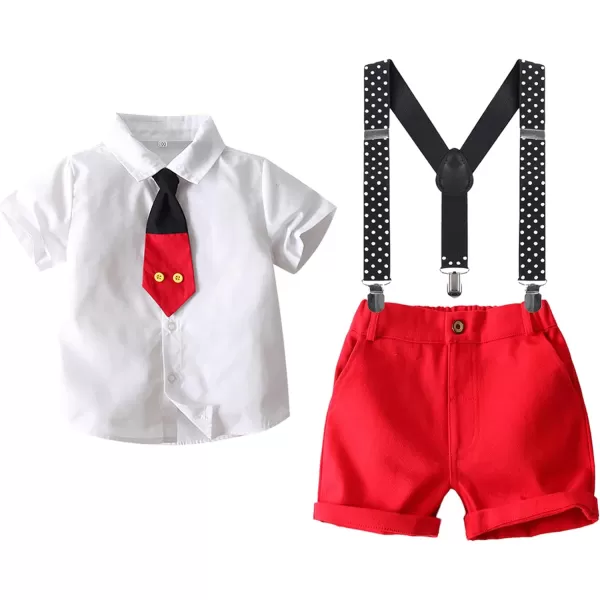 Kids Baby Boys Birthday Cake Smash Outfit Gentleman Necktie Shirt Suspenders Shorts Mouse Ears Halloween Christmas CostumeWhite 4pcs