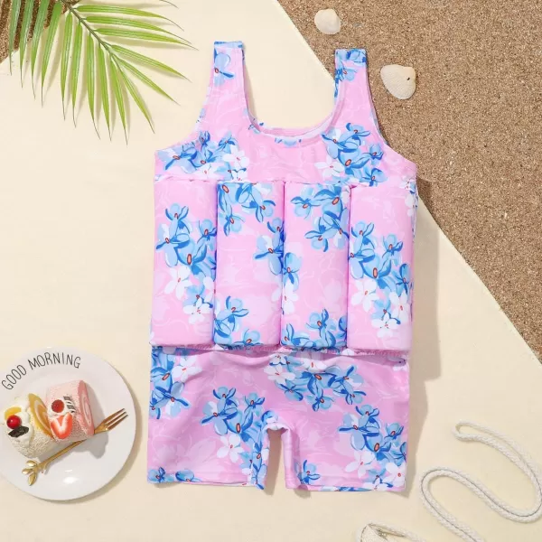 Kids Boys Girls Floatation Swimsuit with Adjustable Buoyancy Baby Float Suit Swim Vest One Piece Swimwear Bathing SuitPinkBlue Floral