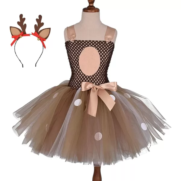 Kids Girls Christmas Party Dress Santa Deer Giraffe Costume Crochet Ruffle Tutu Skirt with Headband Birthday Outfit SetBrown Reindeer