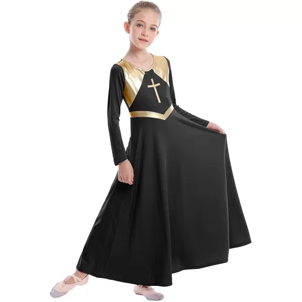 Kids Girls Metallic Cross Praise Dance Dress Liturgical Lyrical Dancewear Color Block Long Sleeve Worship Dance DressesBlack