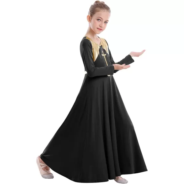 Kids Girls Metallic Cross Praise Dance Dress Liturgical Lyrical Dancewear Color Block Long Sleeve Worship Dance DressesBlack