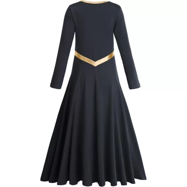 Kids Girls Metallic Cross Praise Dance Dress Liturgical Lyrical Dancewear Color Block Long Sleeve Worship Dance DressesBlack