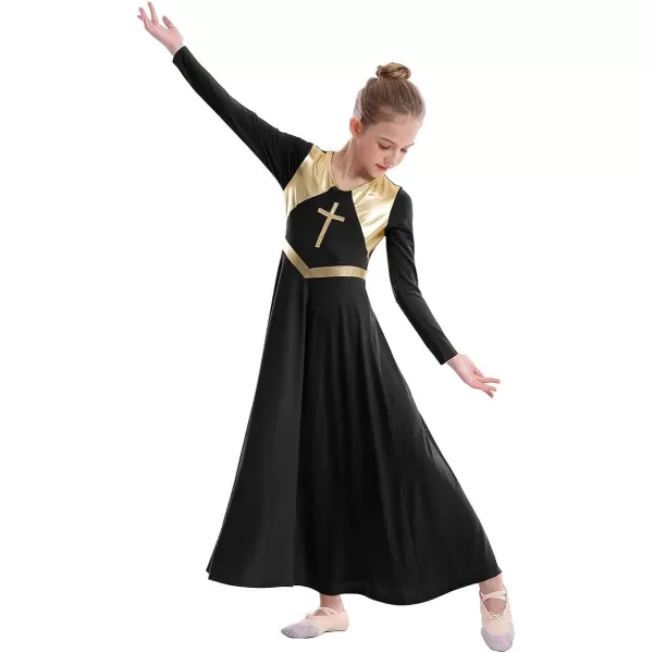 Kids Girls Metallic Cross Praise Dance Dress Liturgical Lyrical Dancewear Color Block Long Sleeve Worship Dance DressesBlack