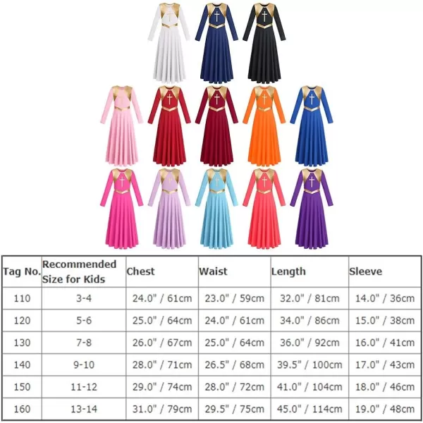 Kids Girls Metallic Cross Praise Dance Dress Liturgical Lyrical Dancewear Color Block Long Sleeve Worship Dance DressesBlack