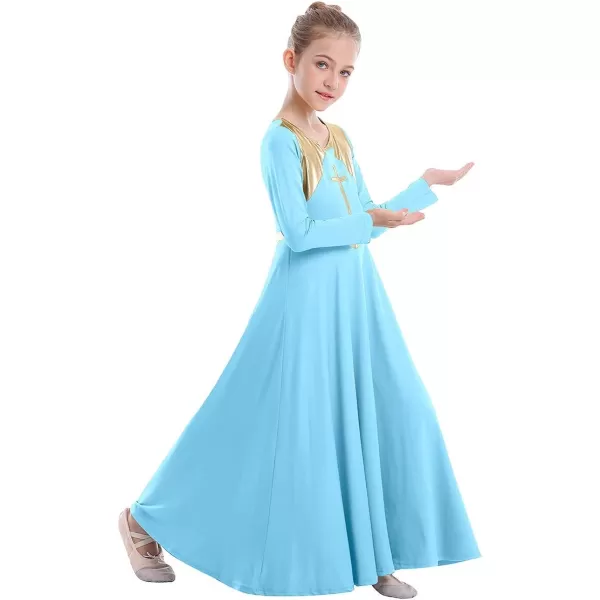 Kids Girls Metallic Cross Praise Dance Dress Liturgical Lyrical Dancewear Color Block Long Sleeve Worship Dance DressesBlue