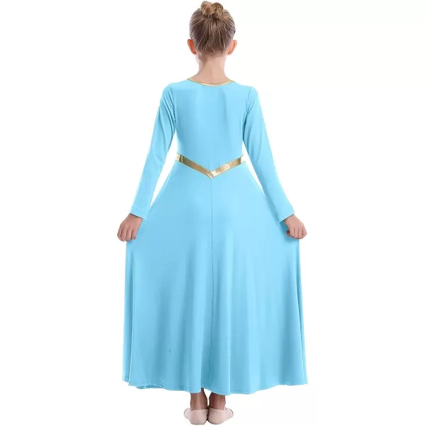 Kids Girls Metallic Cross Praise Dance Dress Liturgical Lyrical Dancewear Color Block Long Sleeve Worship Dance DressesBlue