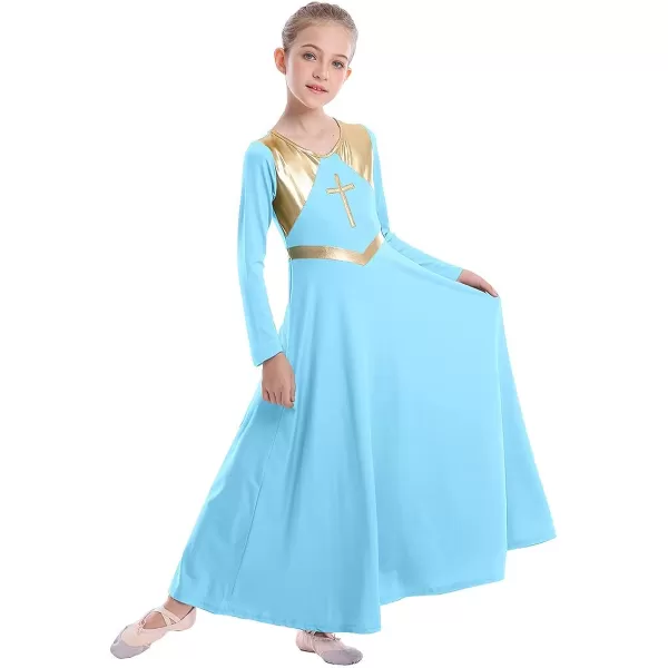 Kids Girls Metallic Cross Praise Dance Dress Liturgical Lyrical Dancewear Color Block Long Sleeve Worship Dance DressesBlue