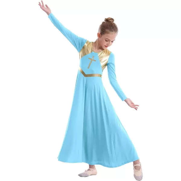 Kids Girls Metallic Cross Praise Dance Dress Liturgical Lyrical Dancewear Color Block Long Sleeve Worship Dance DressesBlue