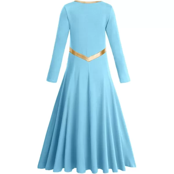 Kids Girls Metallic Cross Praise Dance Dress Liturgical Lyrical Dancewear Color Block Long Sleeve Worship Dance DressesBlue