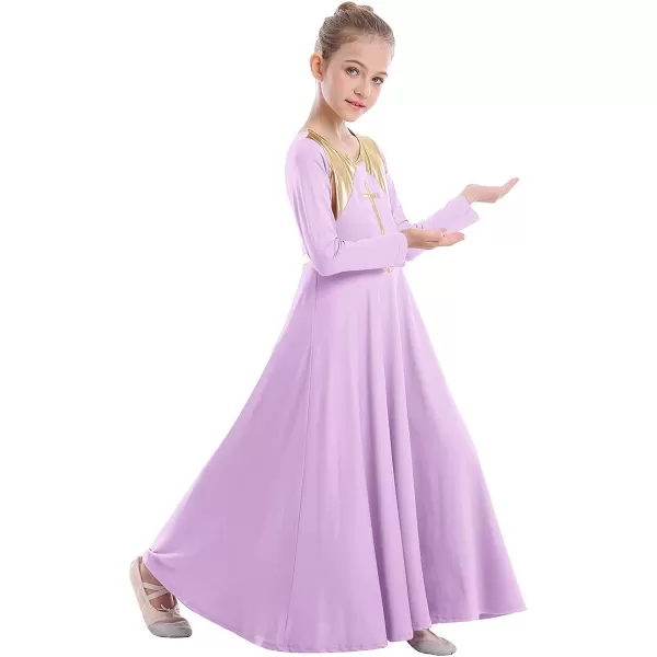 Kids Girls Metallic Cross Praise Dance Dress Liturgical Lyrical Dancewear Color Block Long Sleeve Worship Dance DressesLilac