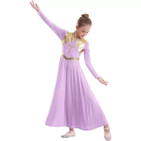 Kids Girls Metallic Cross Praise Dance Dress Liturgical Lyrical Dancewear Color Block Long Sleeve Worship Dance DressesLilac