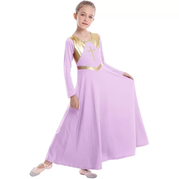 Kids Girls Metallic Cross Praise Dance Dress Liturgical Lyrical Dancewear Color Block Long Sleeve Worship Dance DressesLilac