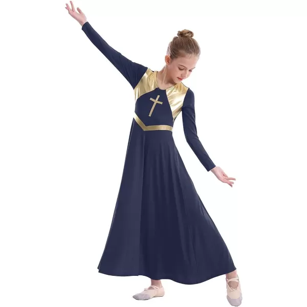 Kids Girls Metallic Cross Praise Dance Dress Liturgical Lyrical Dancewear Color Block Long Sleeve Worship Dance DressesNavy Blue