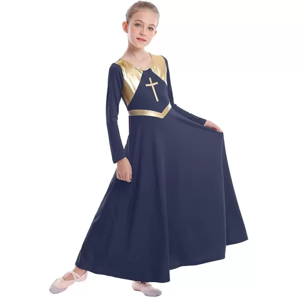 Kids Girls Metallic Cross Praise Dance Dress Liturgical Lyrical Dancewear Color Block Long Sleeve Worship Dance DressesNavy Blue