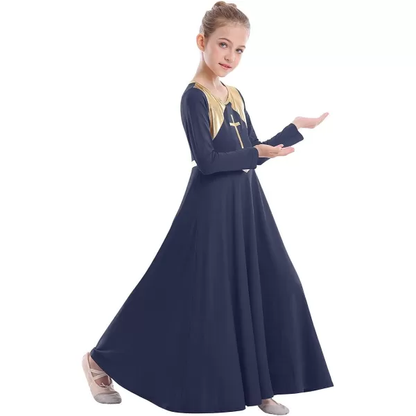 Kids Girls Metallic Cross Praise Dance Dress Liturgical Lyrical Dancewear Color Block Long Sleeve Worship Dance DressesNavy Blue