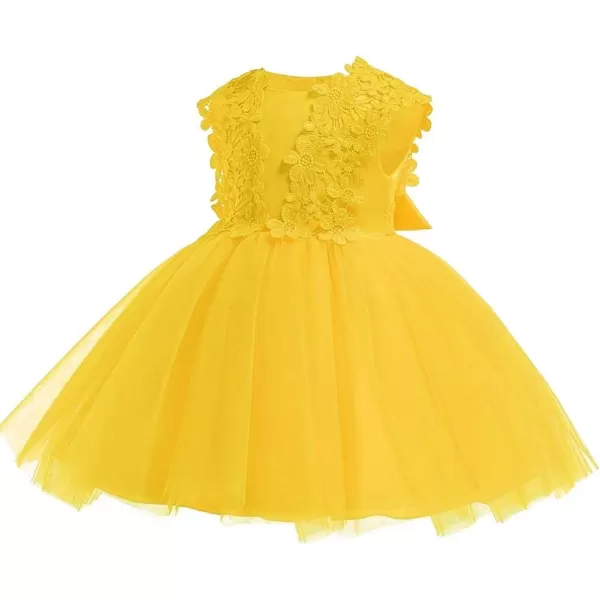 Lace Flower Girl Bowknot Tutu Dress for Kids Baby Christening Baptism Communion Birthday Party Wedding DressesHeadbandYellow