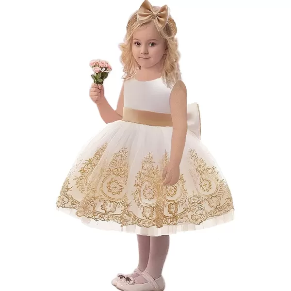 Lace Flower Girl Bowknot Tutu Dress for Kids Baby Christening Baptism Communion Birthday Party Wedding DressesHeadwearApricot