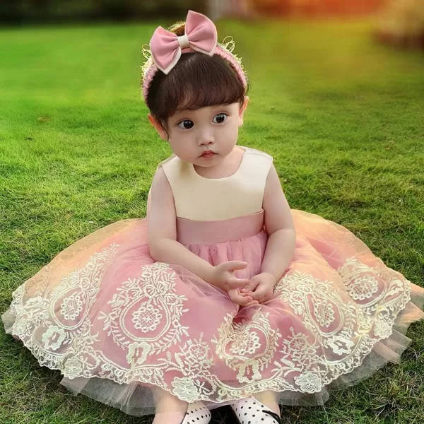 Lace Flower Girl Bowknot Tutu Dress for Kids Baby Christening Baptism Communion Birthday Party Wedding DressesHeadwearDusty Pink